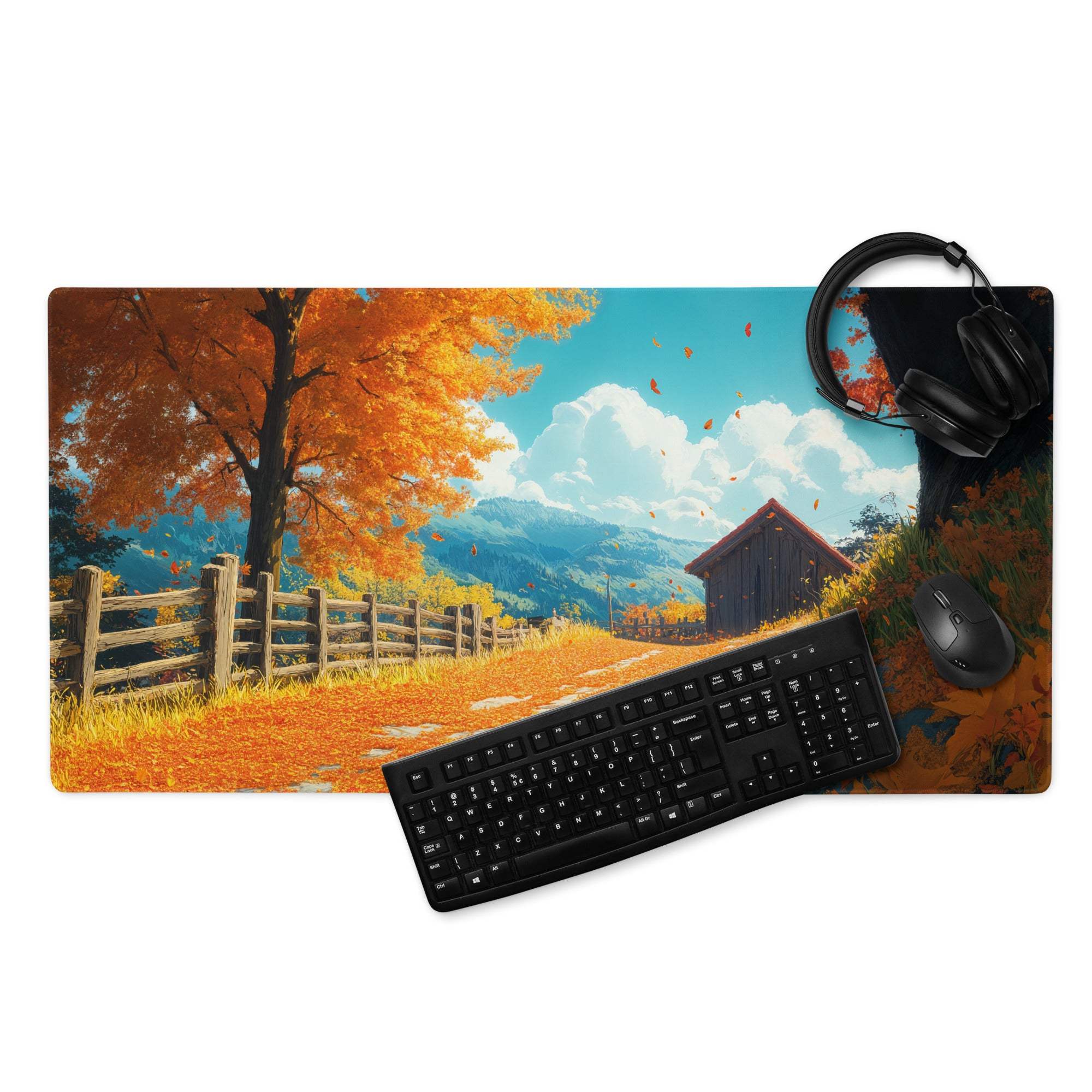 Autumn landscape gaming mouse pad with orange trees, barn, non-slip base