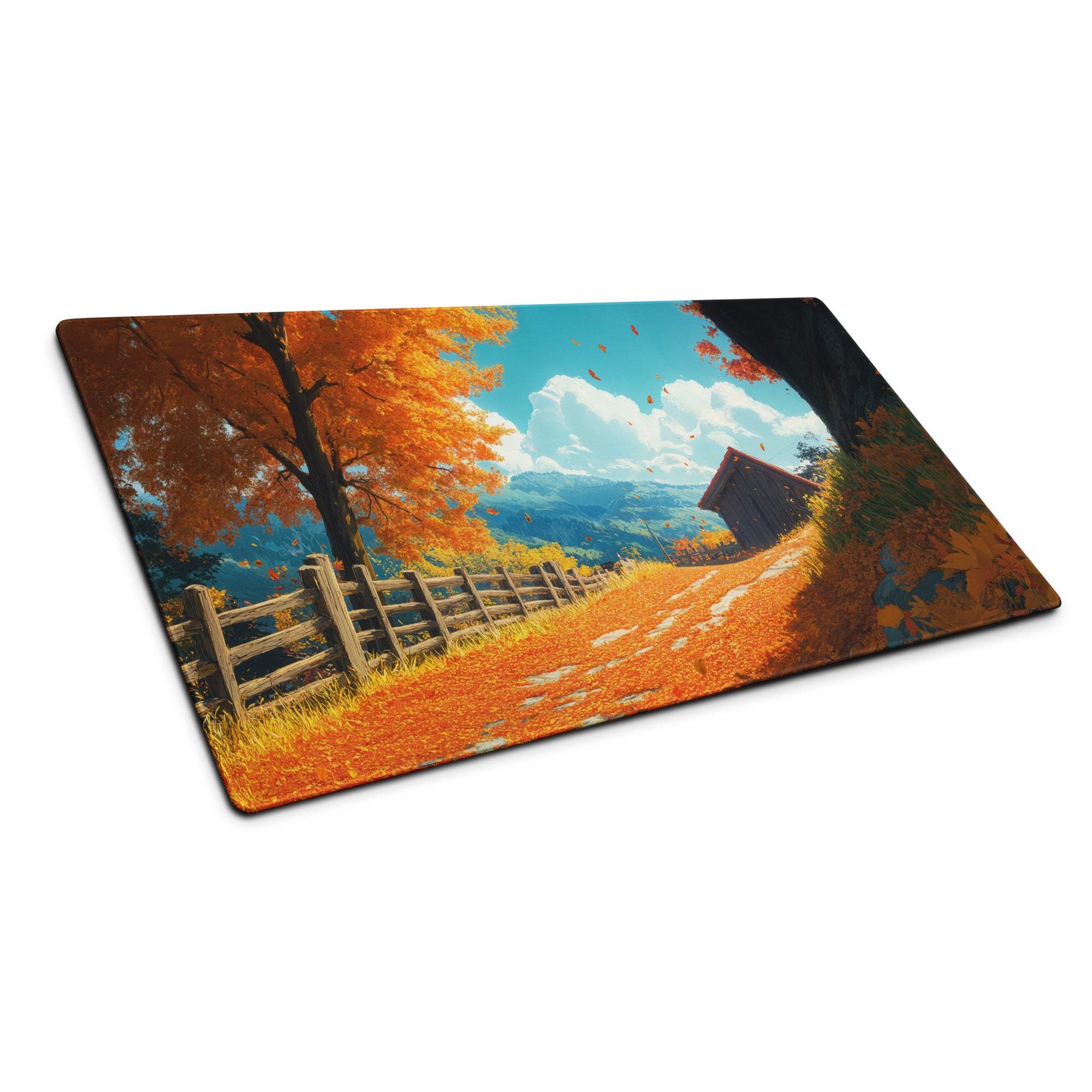 Autumn orange tree gaming mouse pad with fence, hills, non-slip base