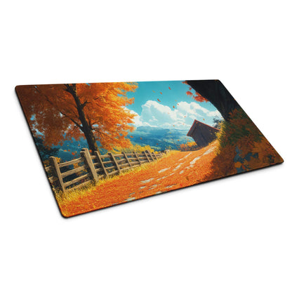 Autumn orange tree gaming mouse pad with fence, hills, non-slip base