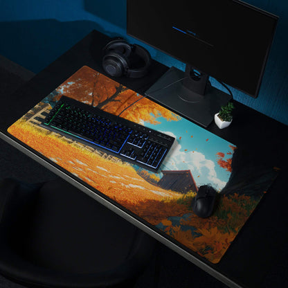 Autumn landscape gaming mouse pad with orange leaves, cozy cabin, large non-slip surface