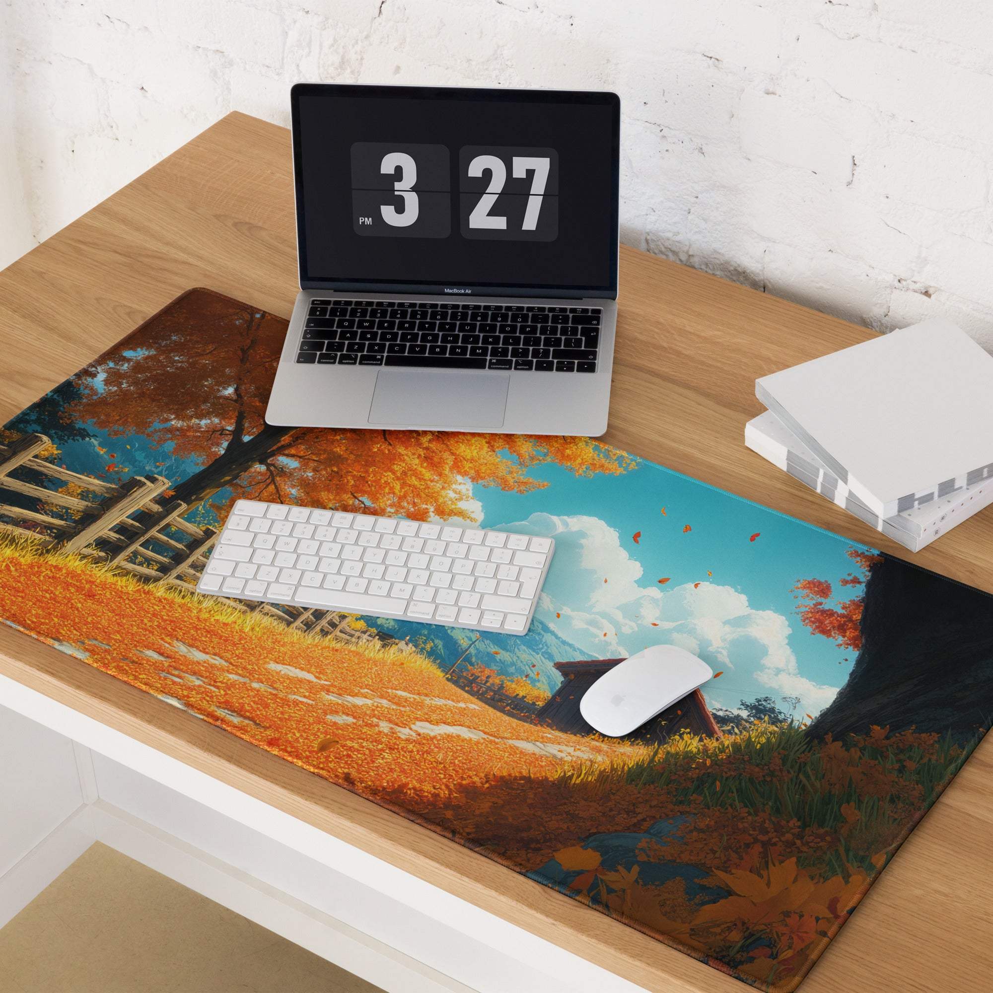 Autumn cozy orange gaming mouse pad with leaves fence cottage