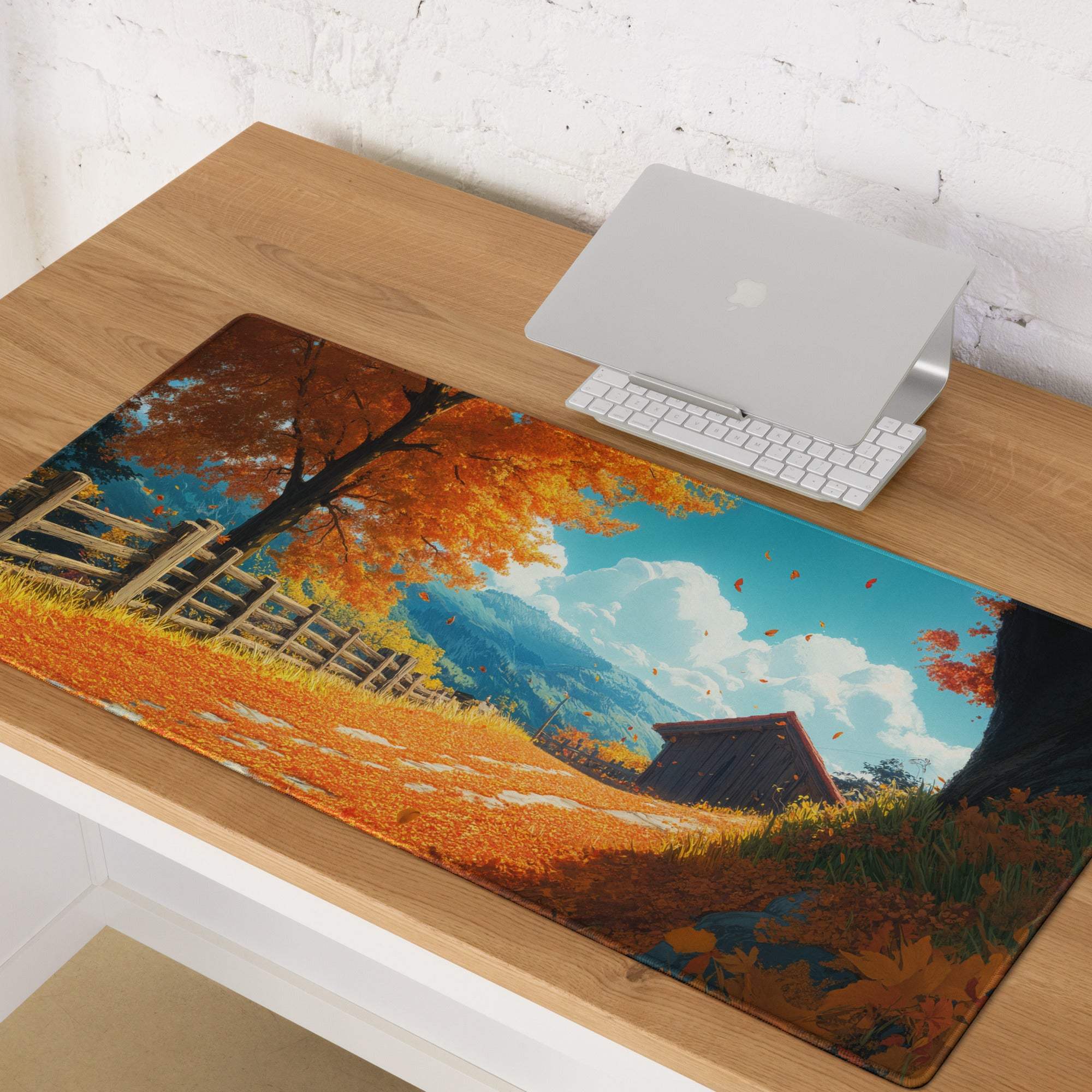 Autumn landscape gaming mouse pad with orange trees, fence, mountains, non-slip base