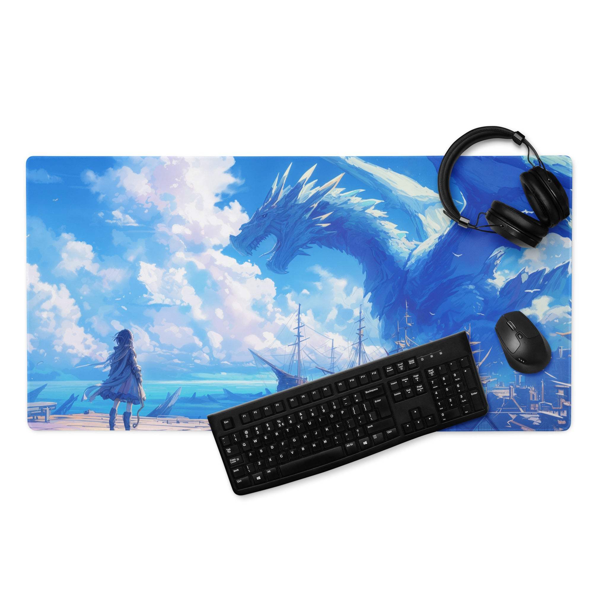 Blue anime dragon and figure on beach gaming mouse pad