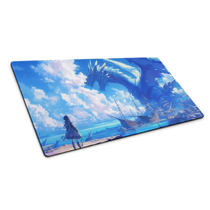 Blue fantasy dragon soaring over ships gaming mouse pad