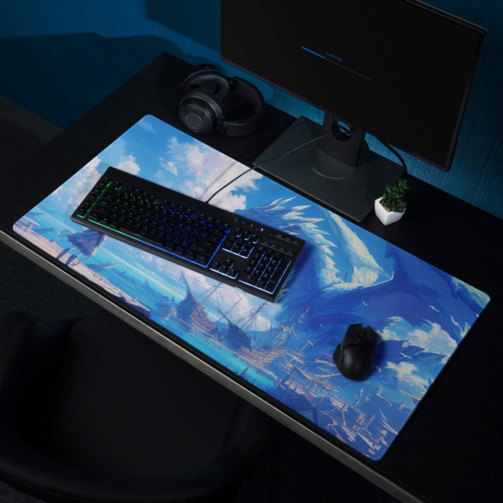 Blue anime gaming mousepad with dragons ships sky scene stitched edges
