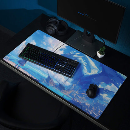 Blue anime gaming mousepad with dragons ships sky scene stitched edges