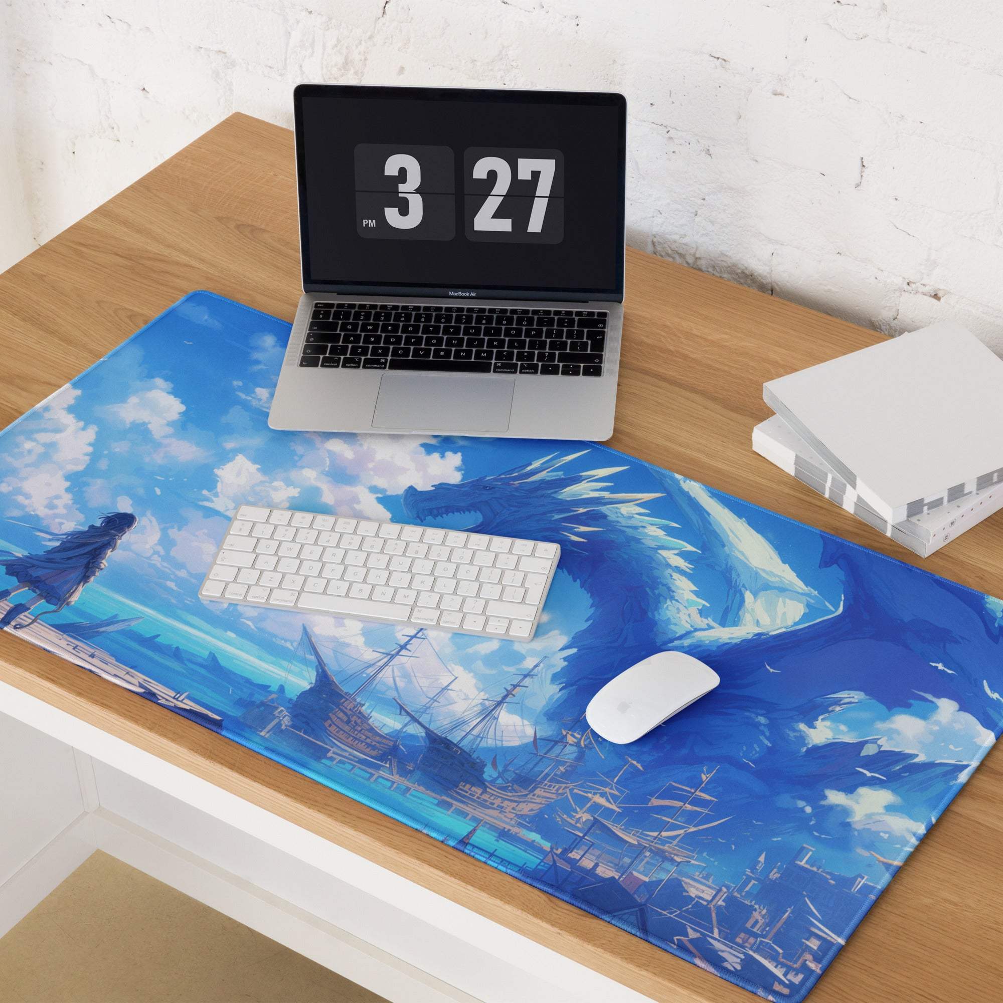 Blue dragon and ship gaming mousepad with vibrant sky design