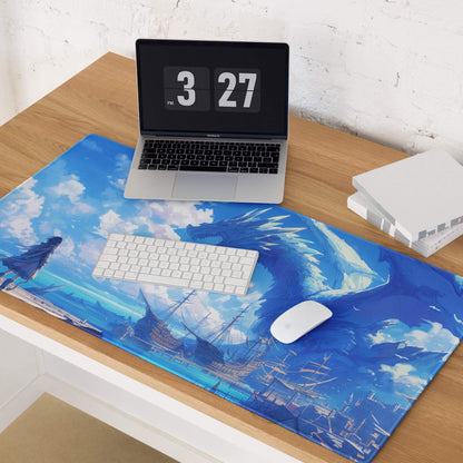 Blue dragon and ship gaming mousepad with vibrant sky design