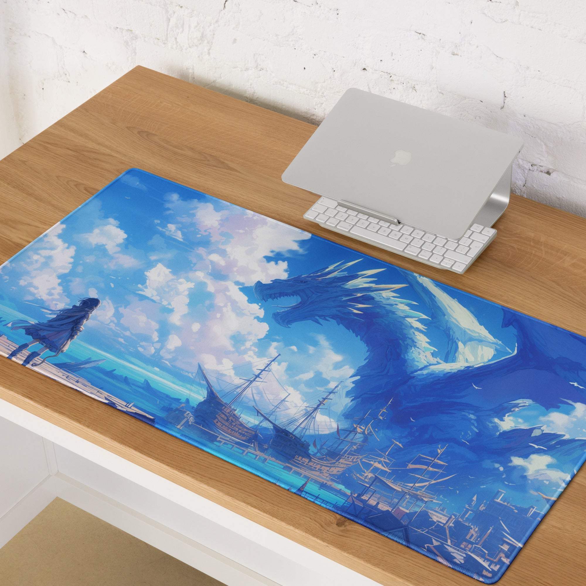 Blue anime dragon and ships gaming mouse pad with stitched edges