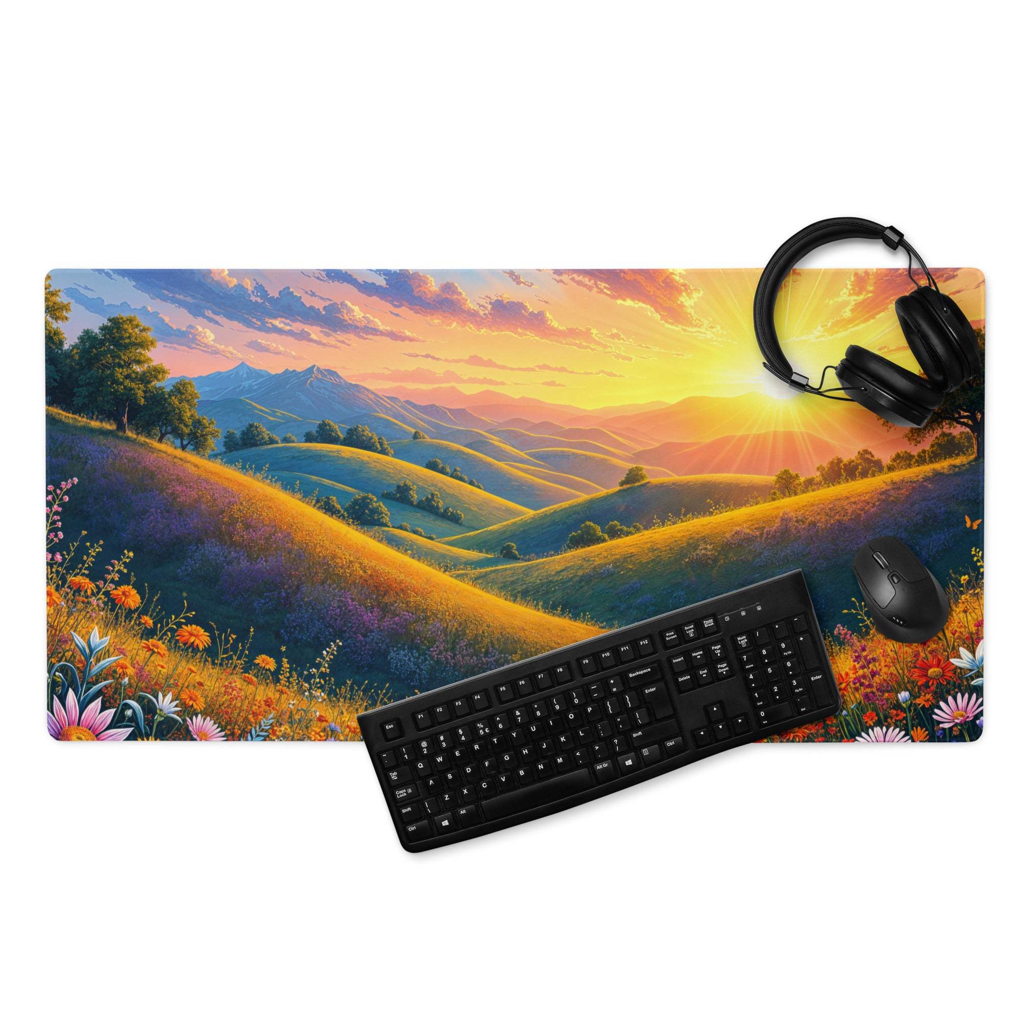 Vibrant sunset hills mouse pad with non-slip base, large gaming size