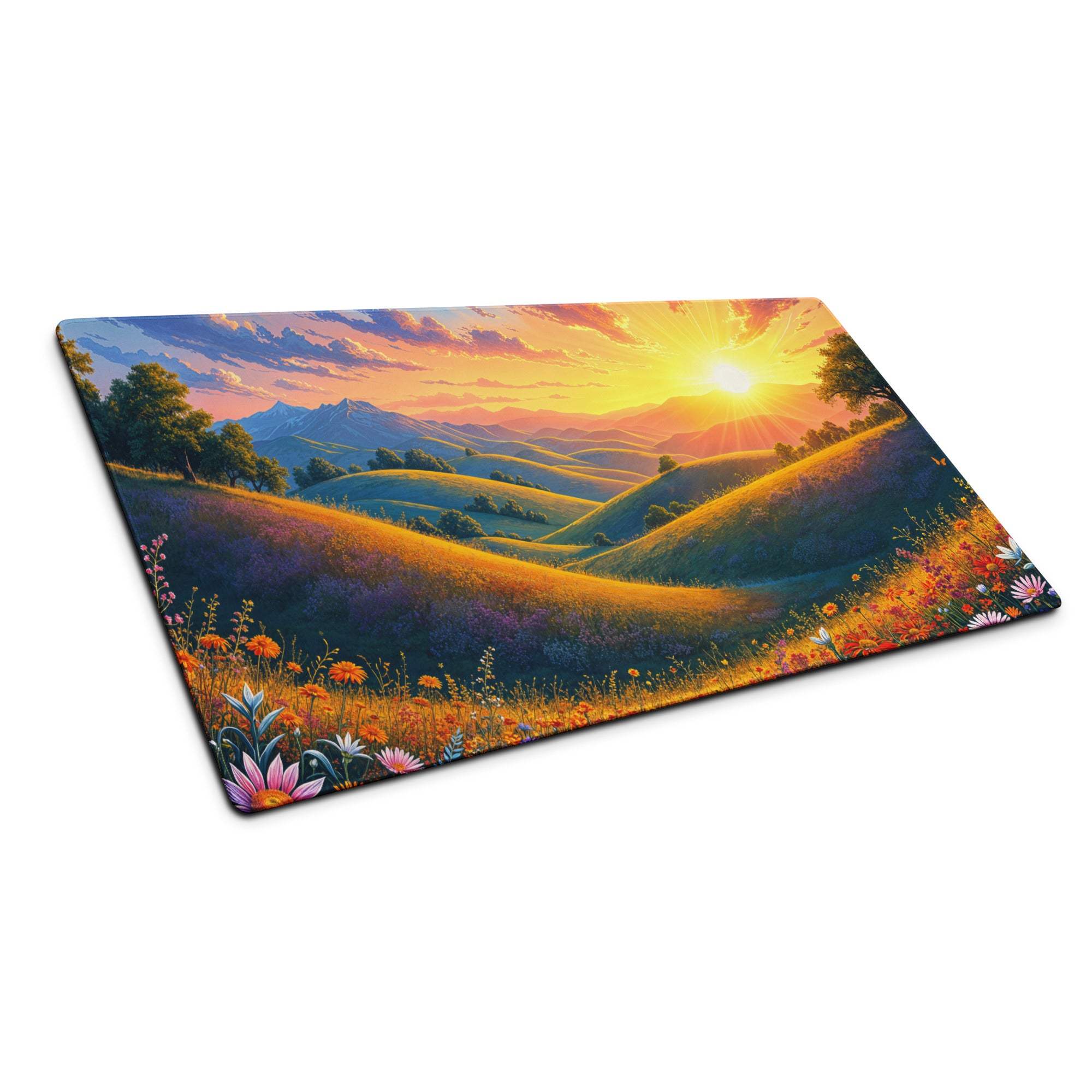 Vibrant sunset landscape rectangular glass cutting board with hills and non-slip base