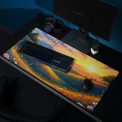 Vibrant sunset meadow gaming mouse pad with floral patterns, large size, non-slip base