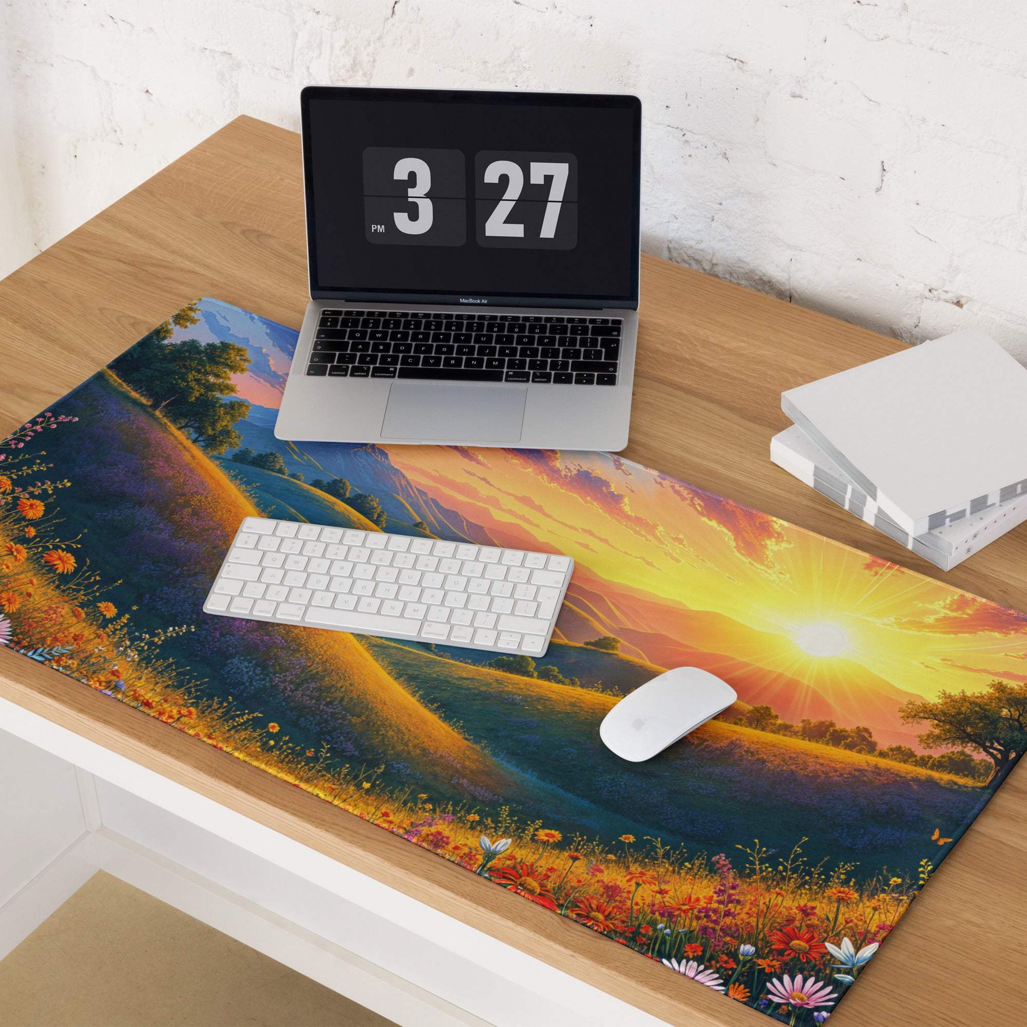 Vibrant sunset landscape gaming mouse pad with wildflowers, hills, non-slip base