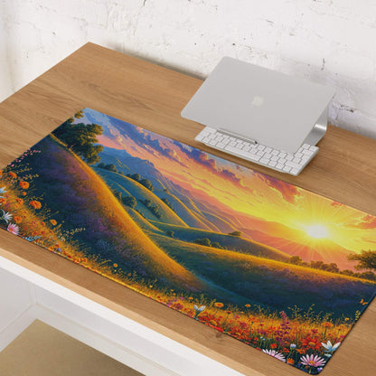 Vibrant sunset landscape gaming mouse pad with hills, flowers, non-slip base