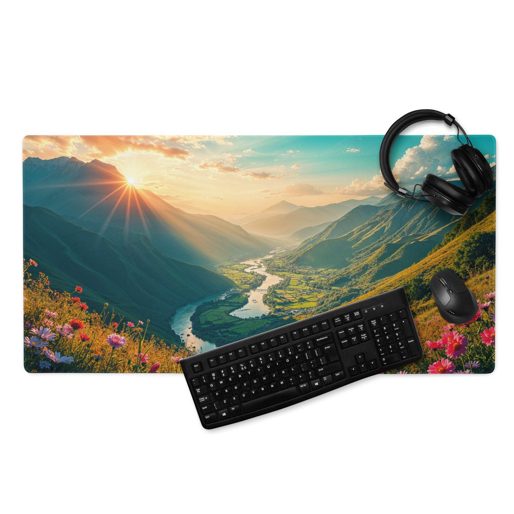 Vibrant sunrise mountain valley gaming mouse pad with non-slip backing