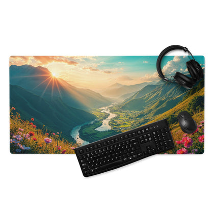 Vibrant sunrise mountain valley gaming mouse pad with non-slip backing
