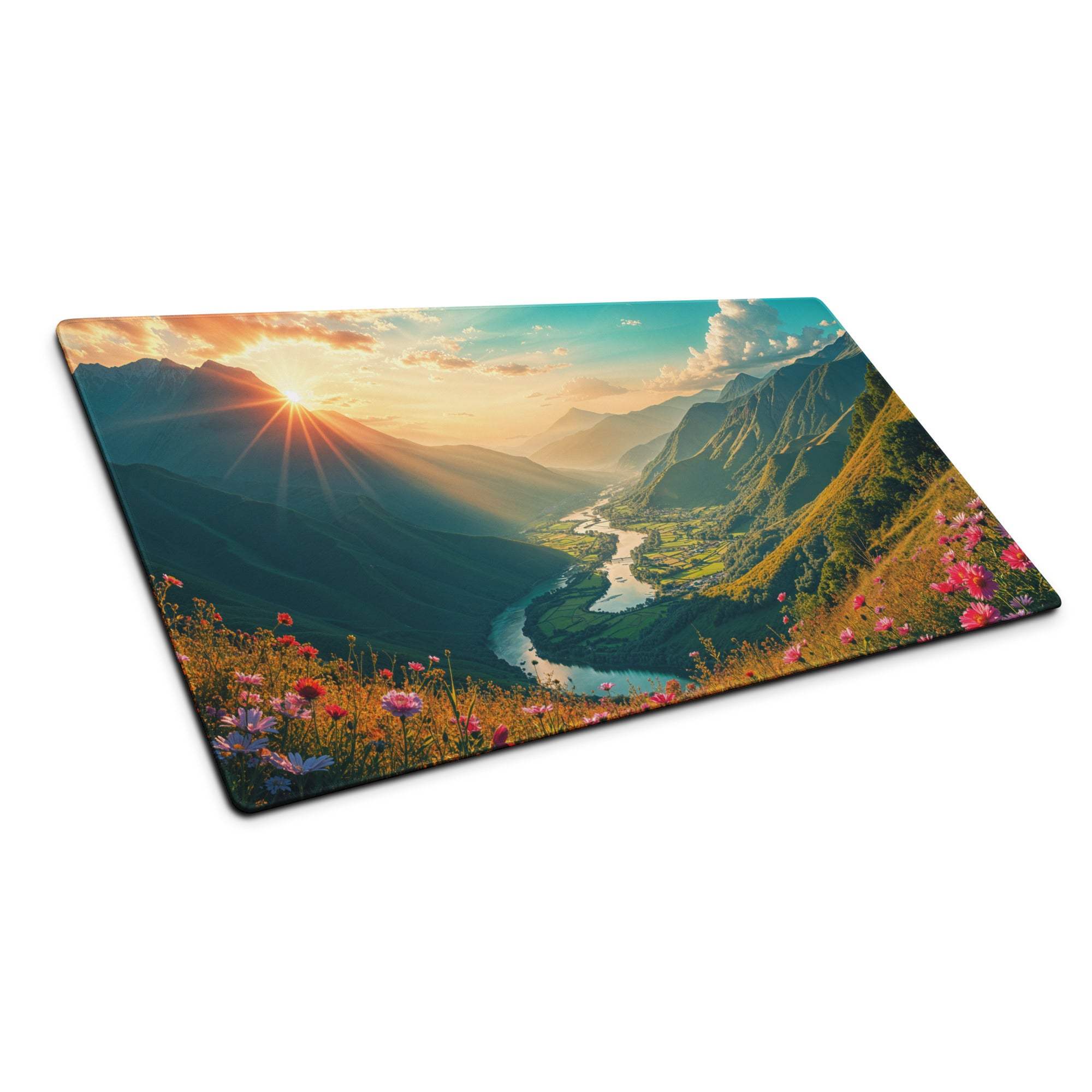 Vibrant sunset mountain landscape rectangular gaming mouse pad with river and wildflowers