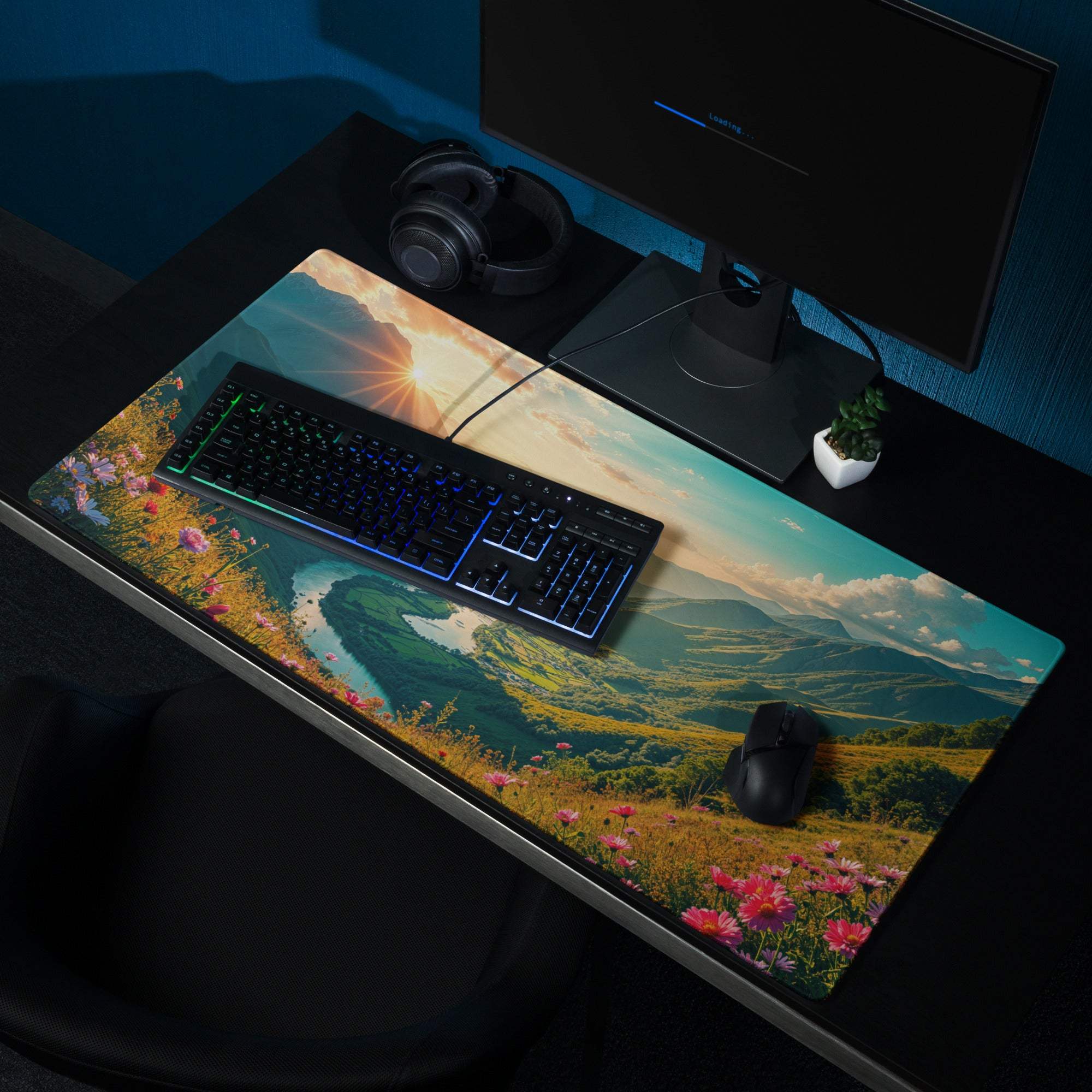 Vibrant sunrise mountain landscape gaming mouse pad with pink flowers, large non-slip stitched