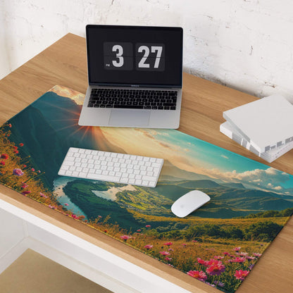 Vibrant sunrise mountain landscape gaming mouse pad with valley, river, wildflowers