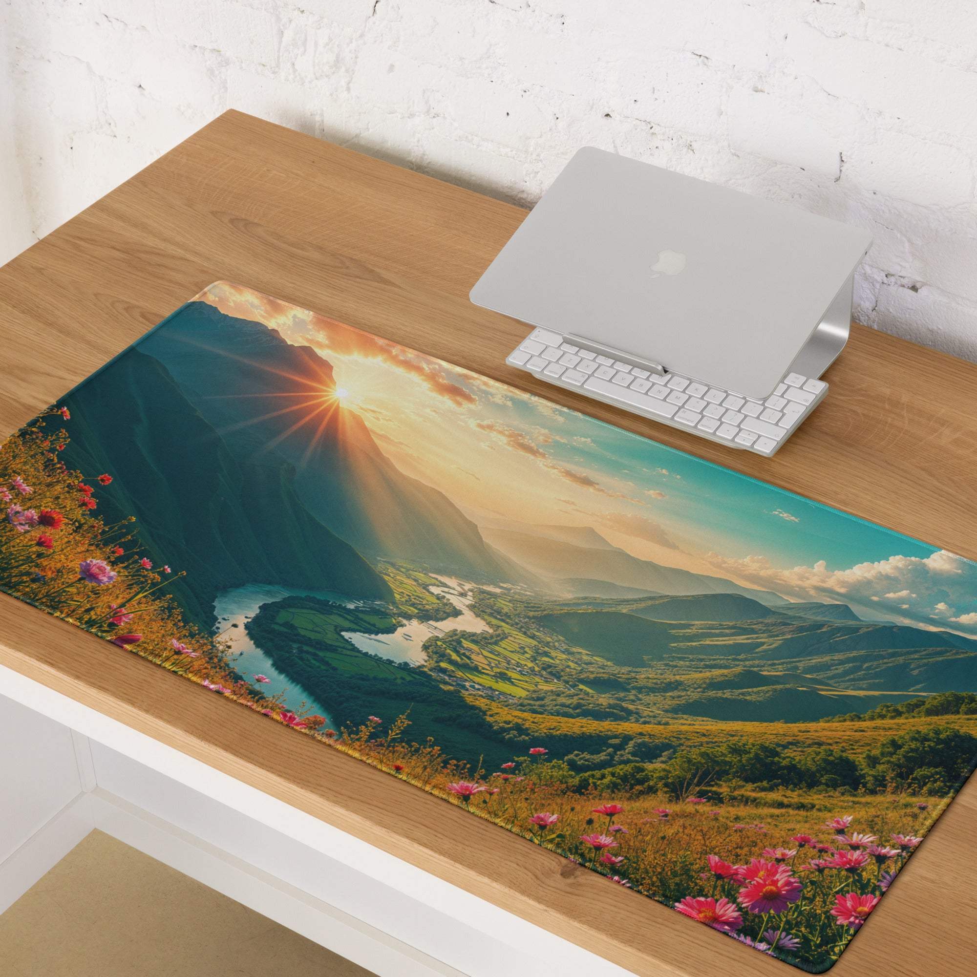 Vibrant sunrise mountain landscape gaming mouse pad with valley, river, flowers