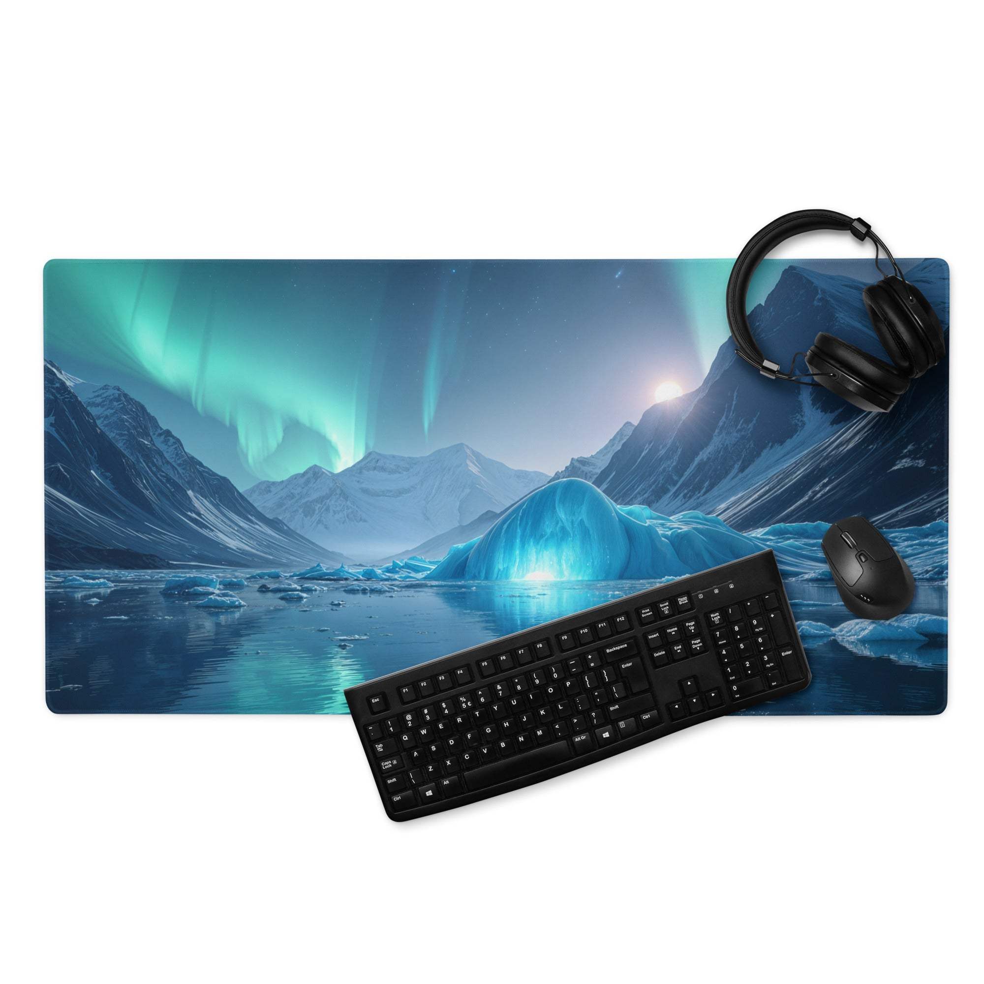 Epic Aurora Ice Mountain gaming mouse pad with aurora borealis scene