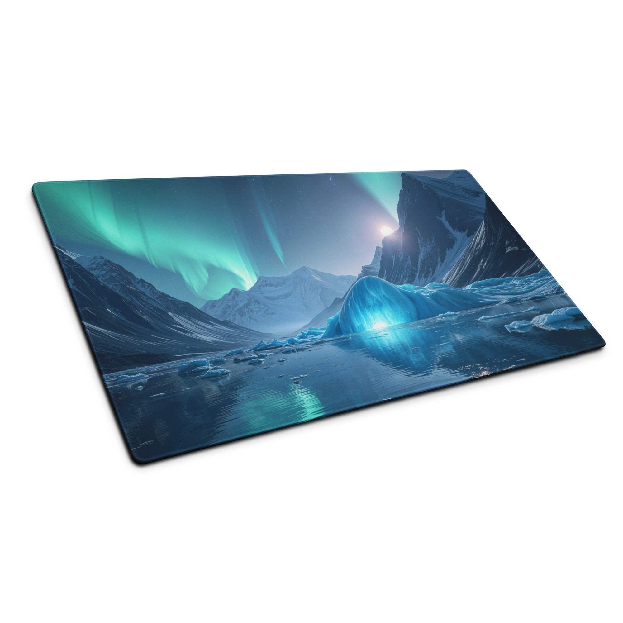 Epic Aurora Ice Mountain gaming mousepad with aurora borealis, icy peaks, teal glow