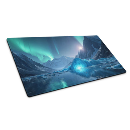 Epic Aurora Ice Mountain gaming mousepad with aurora borealis, icy peaks, teal glow