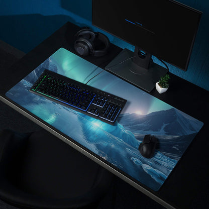 Blue icy mountain landscape large gaming mouse pad with non-slip base