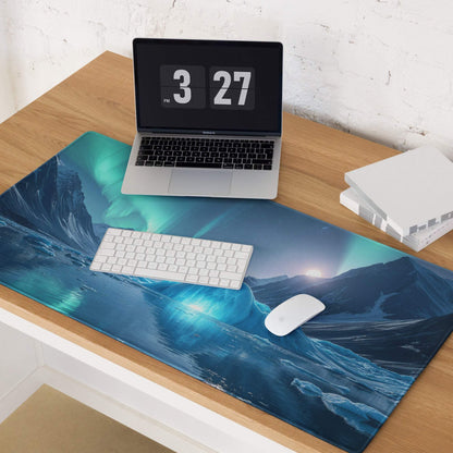 Blue teal aurora borealis ice mountain gaming mouse pad with non-slip base