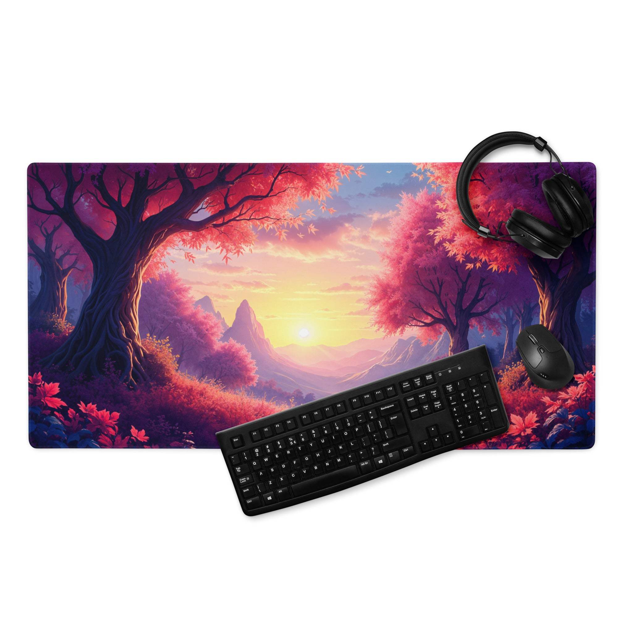 Large non-slip gaming mouse pad in vibrant sunset forest theme with black keyboard and headset
