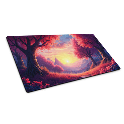 Large non-slip gaming mouse pad with vibrant sunset forest theme