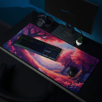 Large non-slip gaming mouse pad with vibrant sunset forest theme