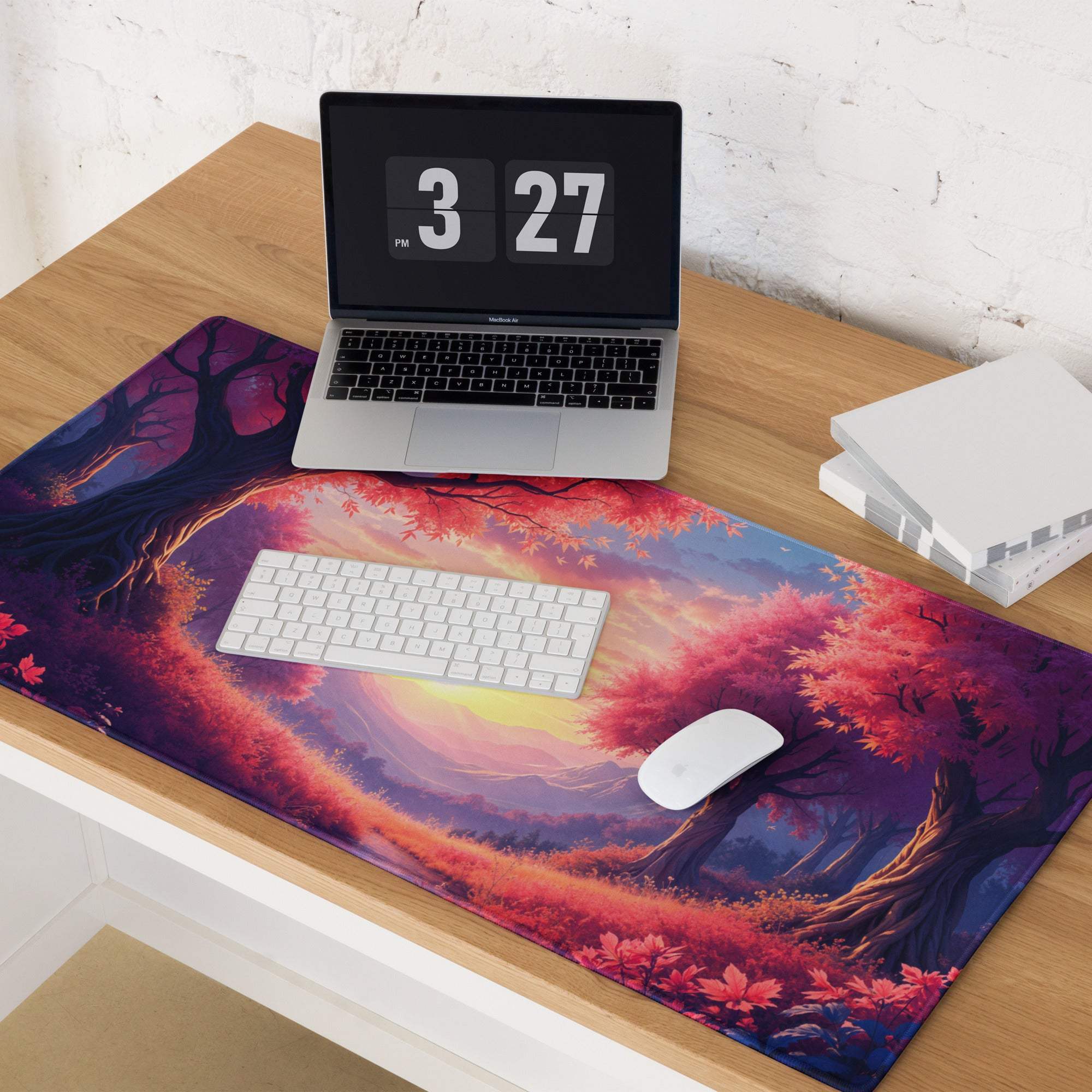 Large non-slip gaming mouse pad with vibrant sunset forest theme and edge stitching