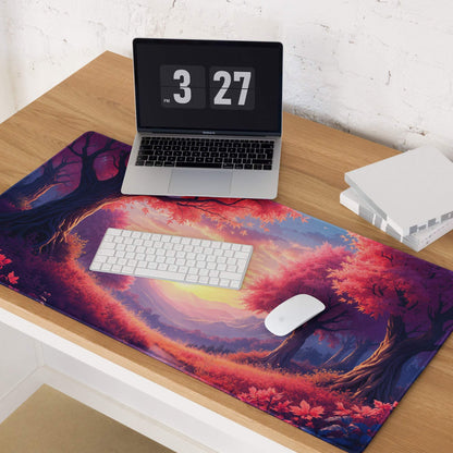 Large non-slip gaming mouse pad with vibrant sunset forest theme and edge stitching