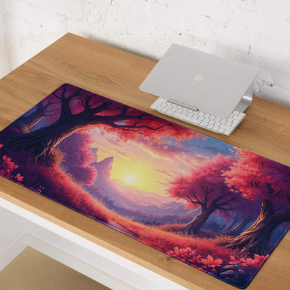 Vibrant purple red sunset forest gaming mousepad with edge stitching