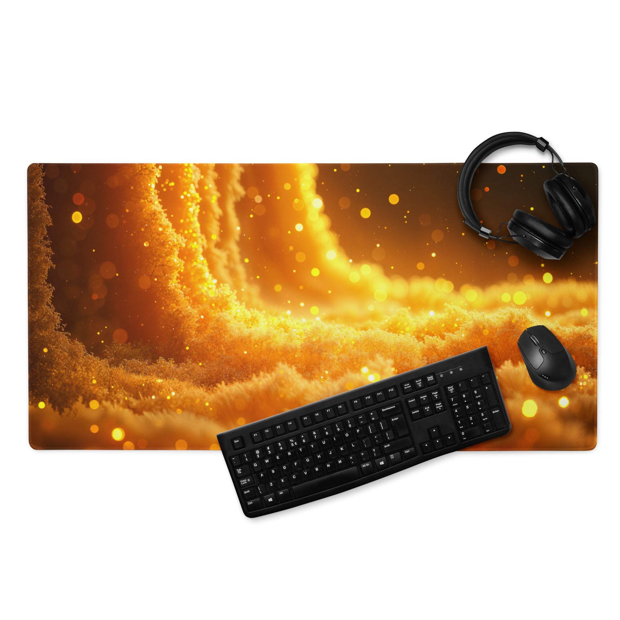 Golden cosmic swirls large gaming mousepad with black keyboard and headphones