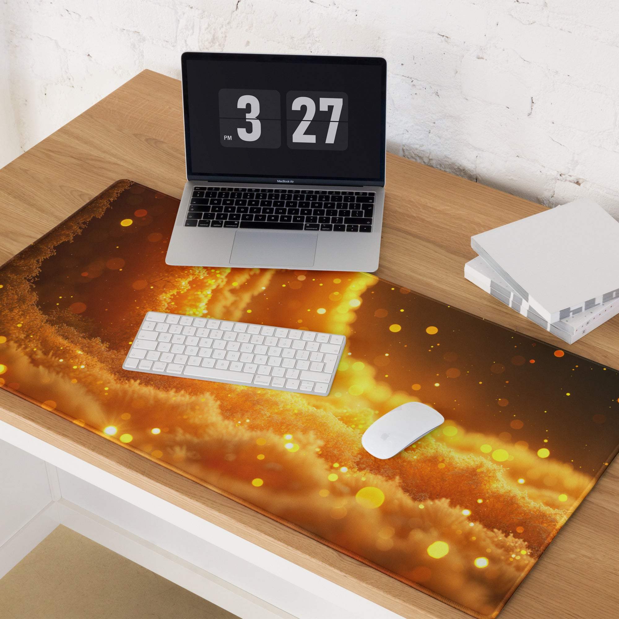 Golden nebula mousepad with glowing orange yellow swirls and non-slip base