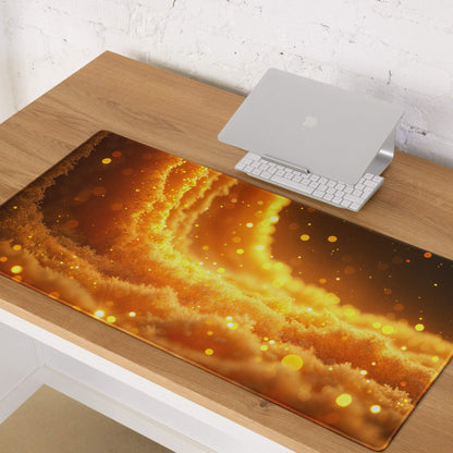 Vibrant large gaming mouse pad with warm ember orange cosmic glow, non-slip base, stitching