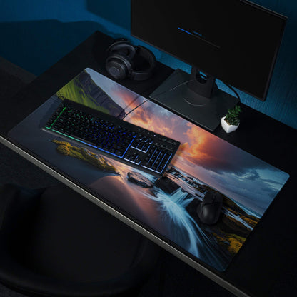 Vibrant sunset landscape extra large gaming mouse pad with waterfalls