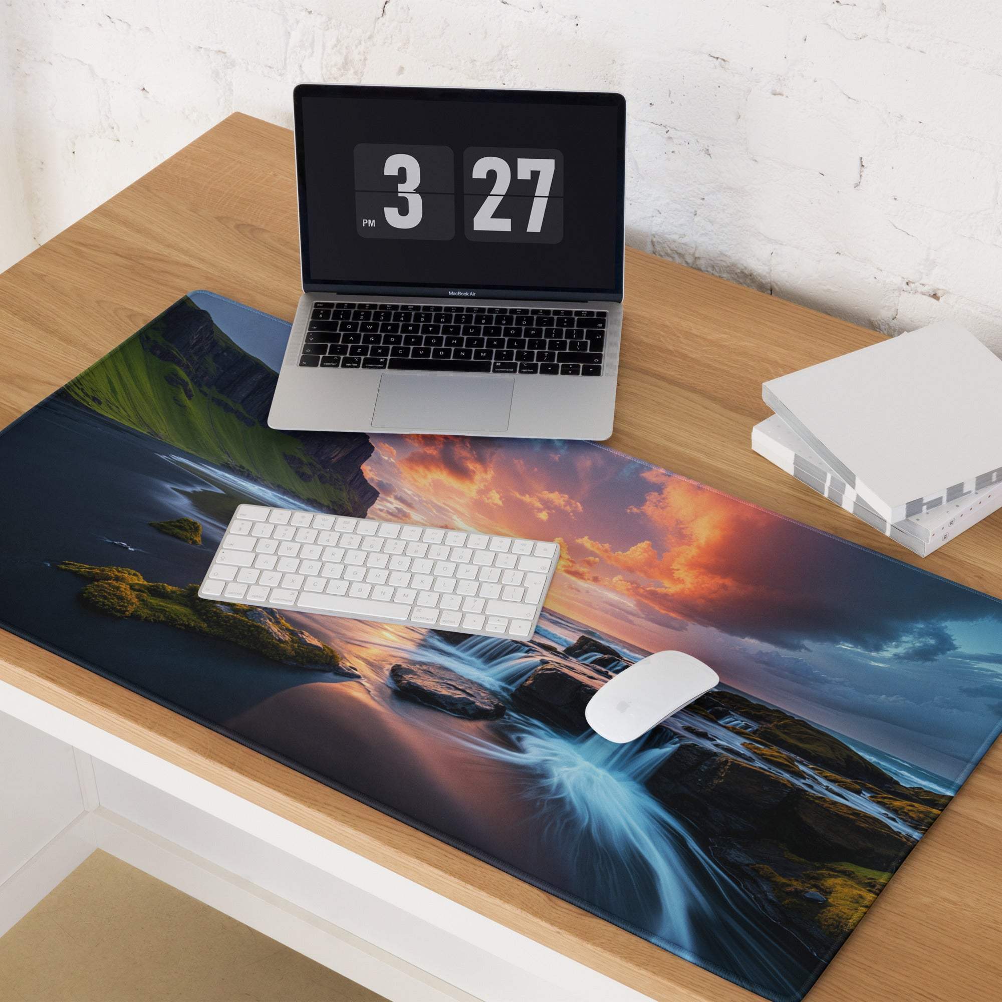 Vibrant sunset landscape extra large gaming mouse pad with waterfalls