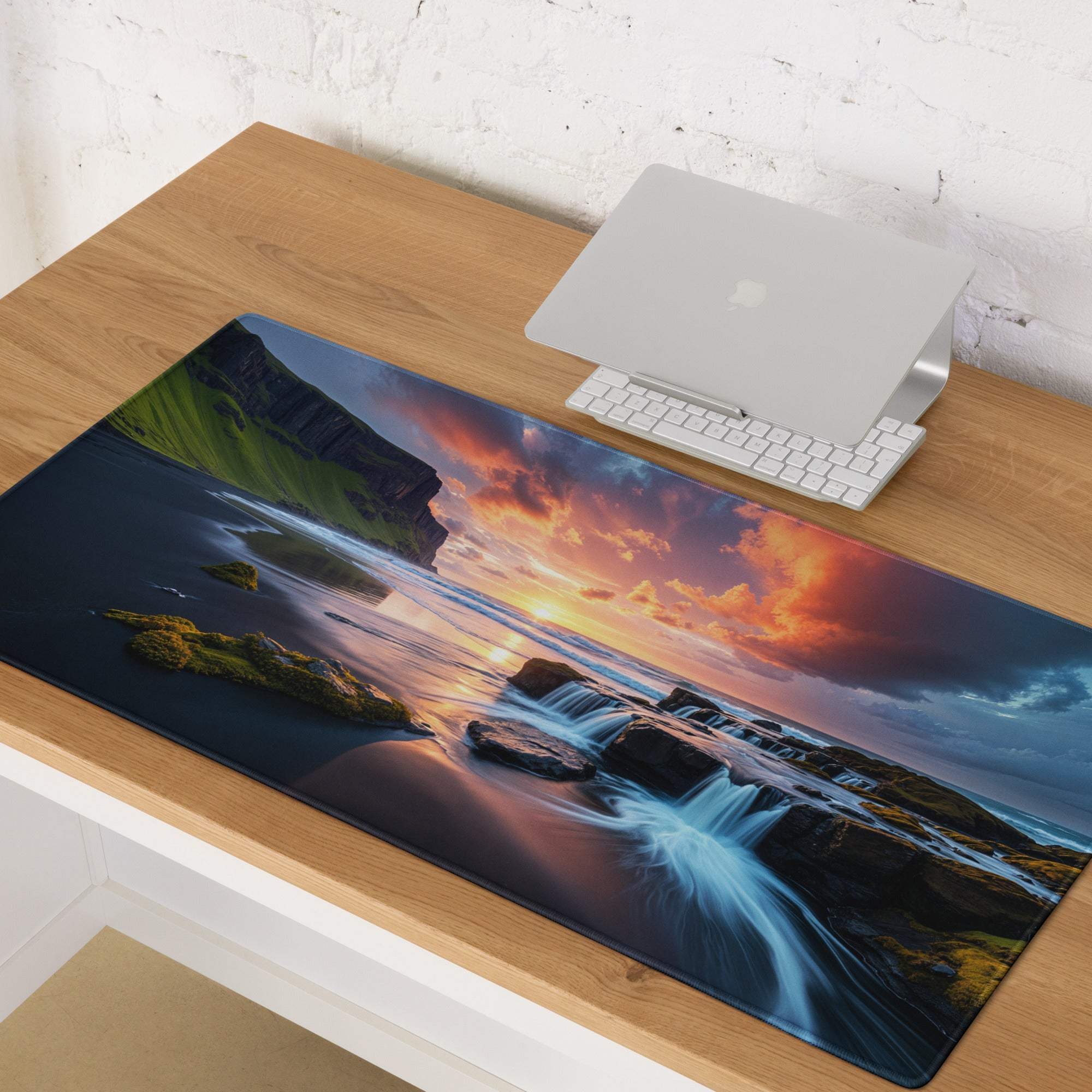 Vibrant sunset over coastal cliffs and waterfalls on extra large gaming mouse pad