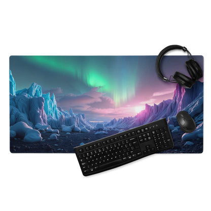 Aurora Ice Landscape gaming mouse pad with aurora borealis, teal purple pink icy scene
