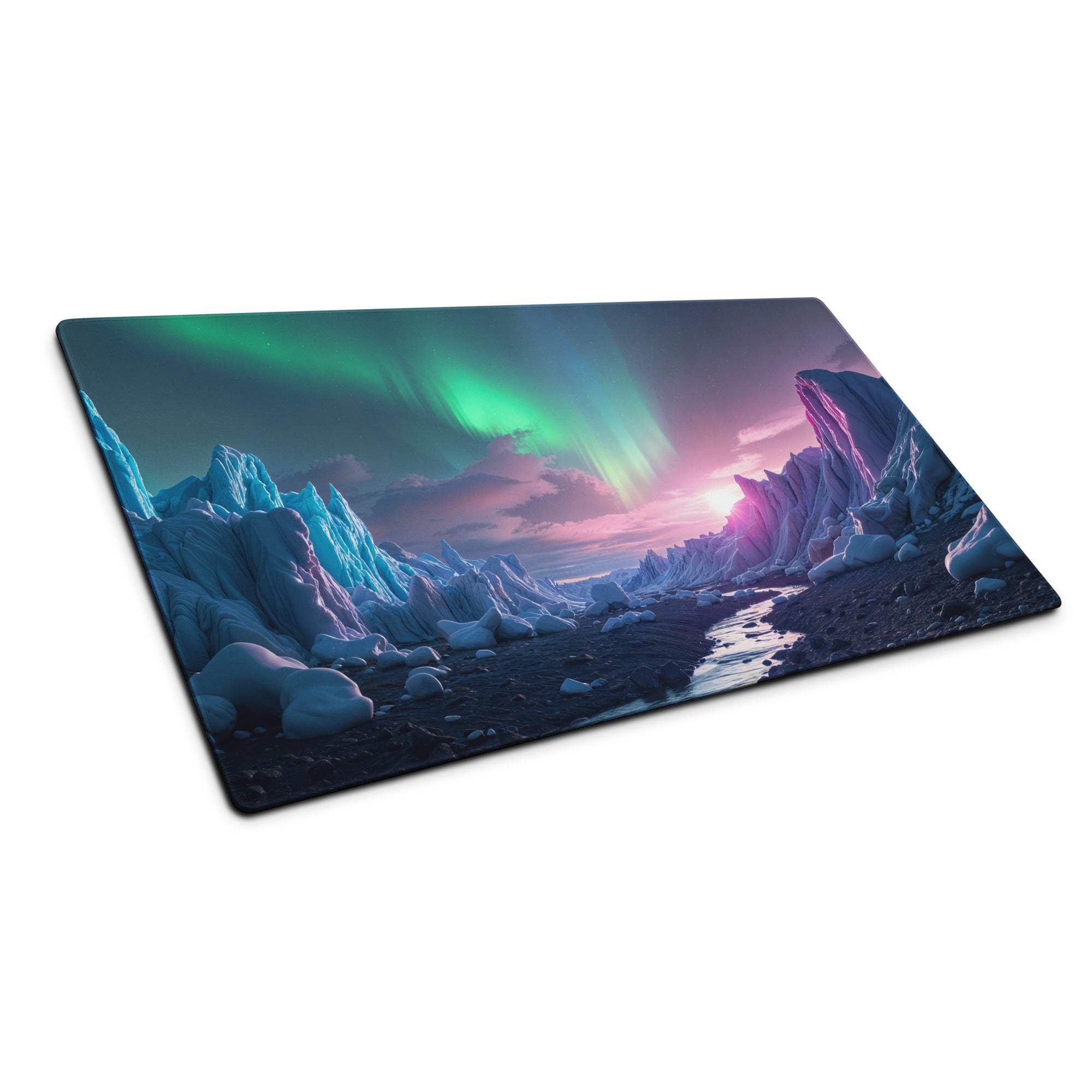Aurora Ice Landscape gaming mouse pad with aurora borealis, stitched edges, non-slip backing