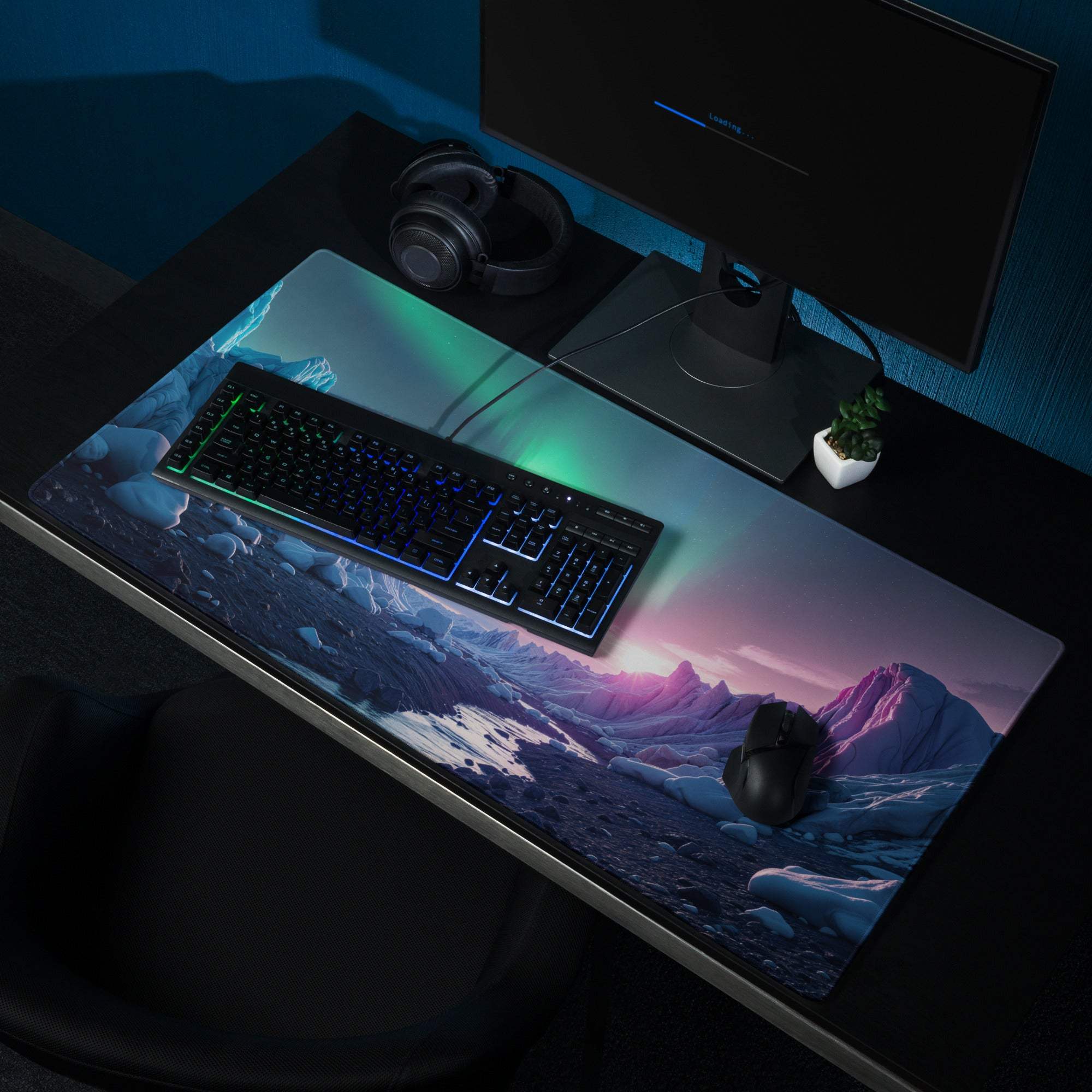 Aurora Ice Landscape gaming mouse pad with icy mountains and twilight sky