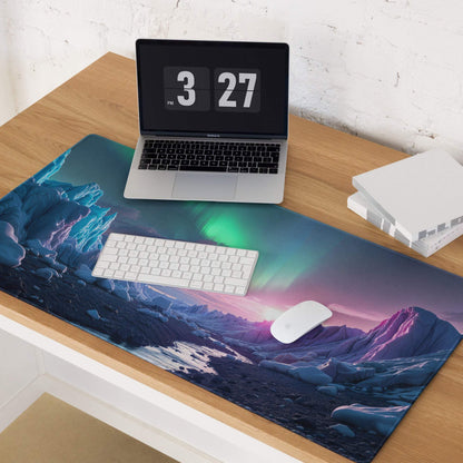 Aurora borealis over icy mountains gaming mouse pad, large non-slip stitched