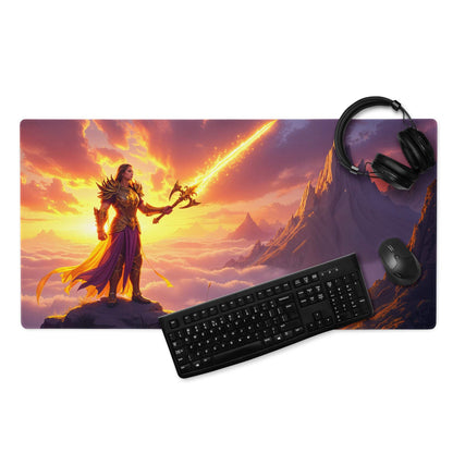 Epic fantasy warrior in golden armor on sunset cliff gaming mouse pad