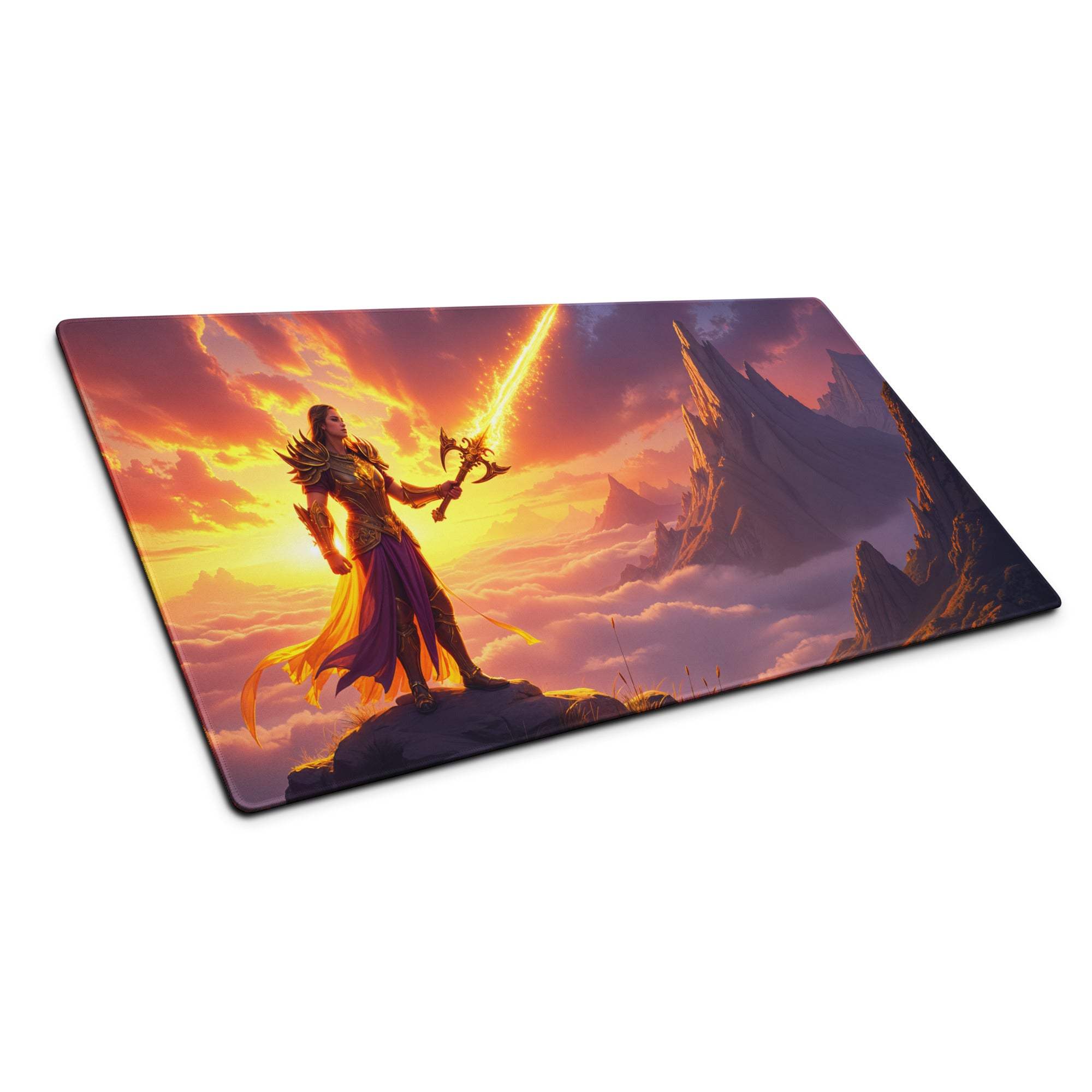 Epic fantasy warrior in golden armor on sunset cliff gaming mouse pad