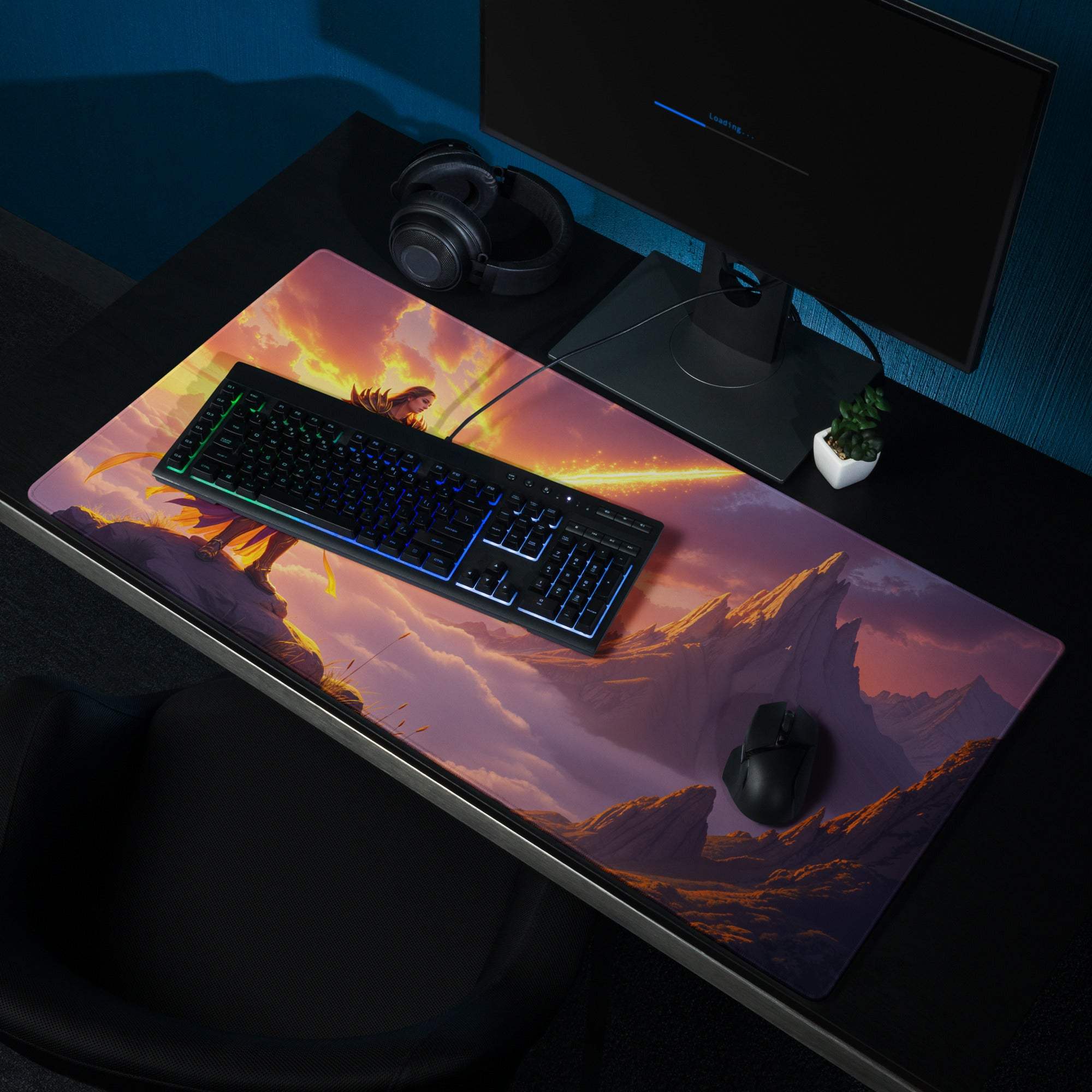 Epic fantasy warrior on sunset mountain large gaming mouse pad with dragon and non-slip backing