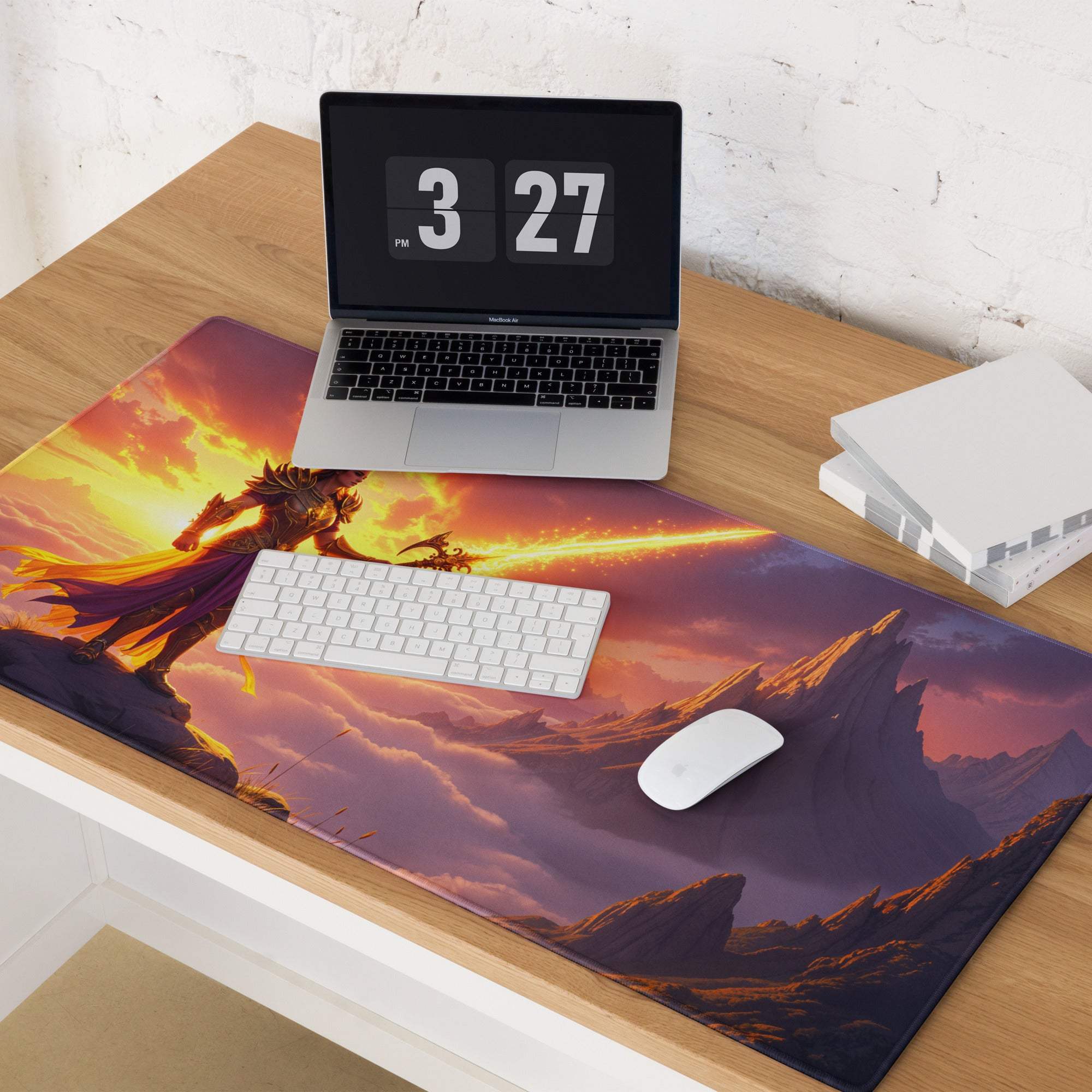 Epic fantasy warrior on sunset mountain large gaming mouse pad