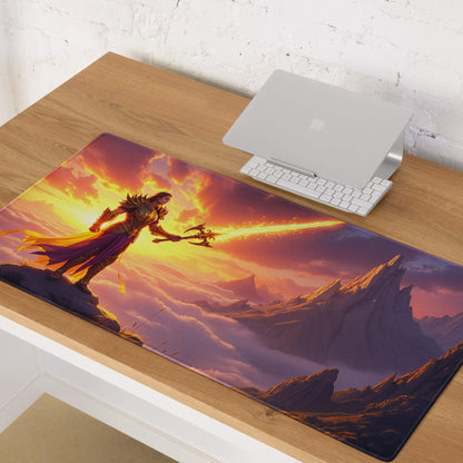 Epic fantasy warrior on sunset mountain large gaming mouse pad